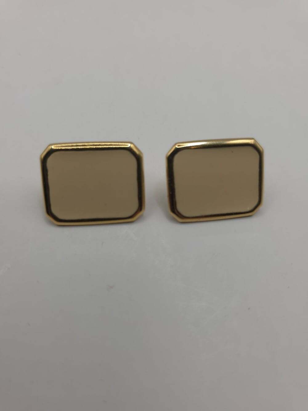 Vintage Gold Tone & Cream Enamel Square Stud Earrings for Women